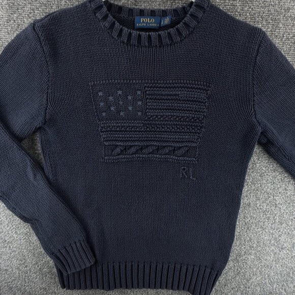 Polo Ralph Lauren Flag Sweater Navy Blue USA Stars Stripes Small Knit Pullover - Picture 1 of 16